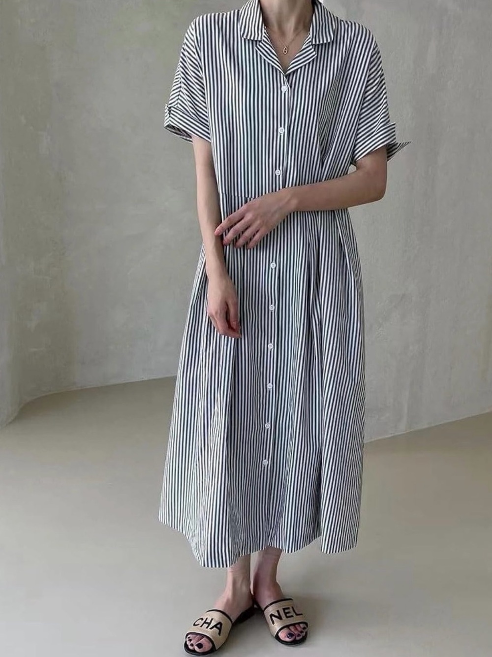 chouyatou Cotton Striped Shirt Dress Button Up Short Sleeve Shift Dress Pockets